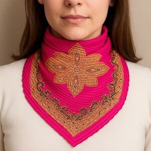Vintage Pleated Square Scarf – Fuchsia & Gold Paisley, 27”x27”